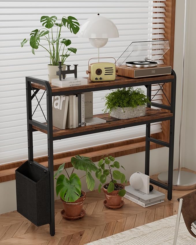 Desktop Shelves, Monitor Stand with Adjustable Shelves and Side Pockets, 2-Tier Desktop Bookshelf Organizer, Large Capacity Display Shelf Rack, Desk Hutch for Home Office, Rustic Brown