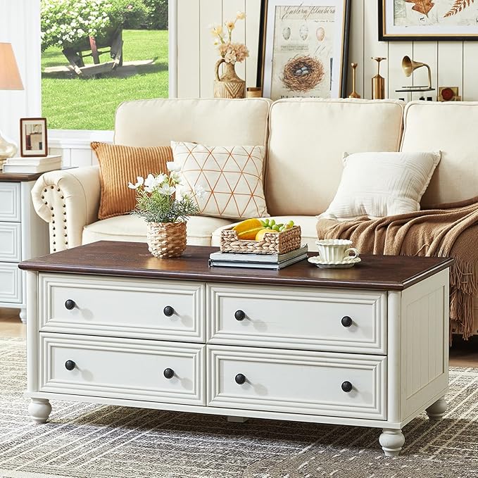 48" Farmhouse Coffee Table with Hidden Storage,Wooden Coffee Tables with 4 Drawers & Roman Column Handle,Rectangular Rustic Center Table with Solid Wood Curved Base for Living Room,Office,White