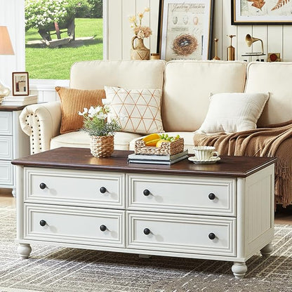 48" Farmhouse Coffee Table with Hidden Storage,Wooden Coffee Tables with 4 Drawers & Roman Column Handle,Rectangular Rustic Center Table with Solid Wood Curved Base for Living Room,Office,White