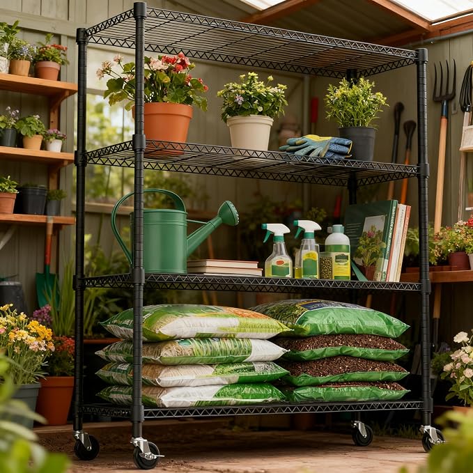 M MZG 1400LBS 47.2" W 4 Tiers Storage Shelves Metal Shelving Unit with Wheels Heavy Duty Garage Shelving Adjustable Wire Shelves for Pantry,Kitchen,Garage,Basement,Black 17.7" D x 47.2" W x 62.7" H