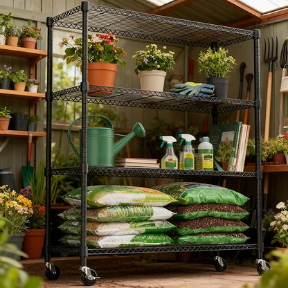 M MZG 1400LBS 47.2" W 4 Tiers Storage Shelves Metal Shelving Unit with Wheels Heavy Duty Garage Shelving Adjustable Wire Shelves for Pantry,Kitchen,Garage,Basement,Black 17.7" D x 47.2" W x 62.7" H