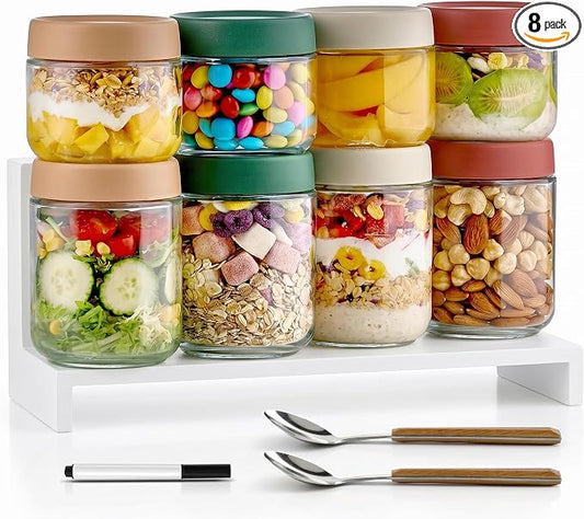 Qipecedm 8 Pack Overnight Oats Containers with Lids, Large & Small Glass Mason Jars 16oz & 10 oz, Breakfast Oatmeal Container to Go, Salad Meal Prep Jars for Food Storage, Mush Chia Seed Pudding Jars