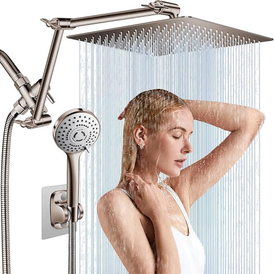 12'' Rain Shower Head Combo, High Pressure Rainfall Shower Head with 16'' Flexible Height/Angle Adjustable Extension Arm, 5 Setting Spray Hand held Shower Head, Nickel