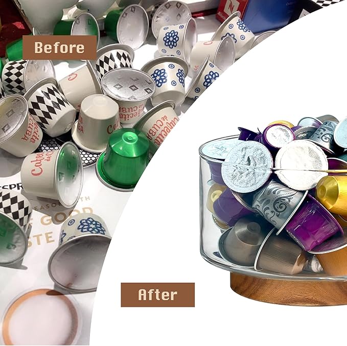 Coffee Pod Holder, Glass Salad Bowl with Acacia Wood Base, Large Capacity K Cup Organizer for Kcup Creamer Storage, Espresso Capsule Holder Coffee Bar Accessories（ 7 Inch，1 Pack ）