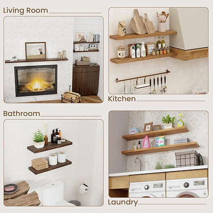 Floating Shelves for Wall Decor, 8" Deep Rustic Solid Elm Wood Floating Shelves Wall Mounted, Wall Shelves with Invisible Bracket for Living Room Bathroom Bedroom Kitchen, 72 Inch Set of 1, Natural