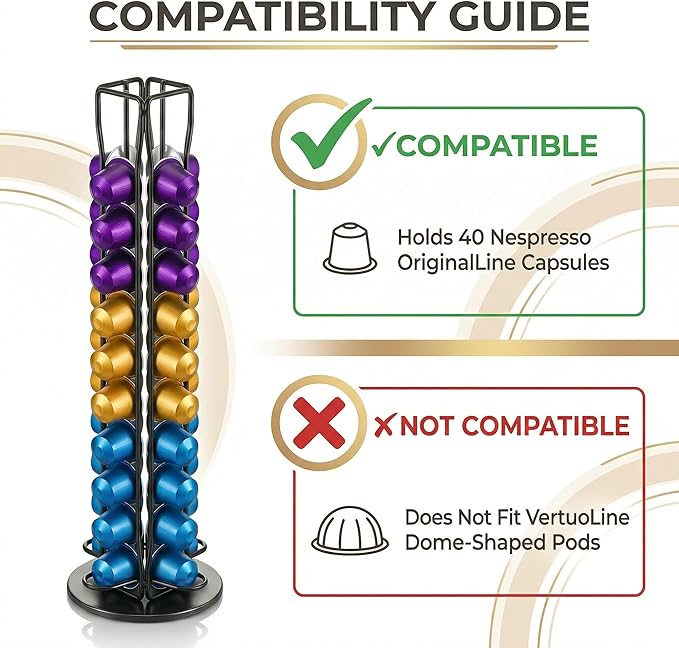 Coffee Pod Holder for Nespresso OriginalLine Capsules, 40 Capacity Rotating Carousel Coffee Pods Organizer, 360 Spinning Coffee Station Storage Rack, Metal Coffee Pod Stand for Kitchen (Black)