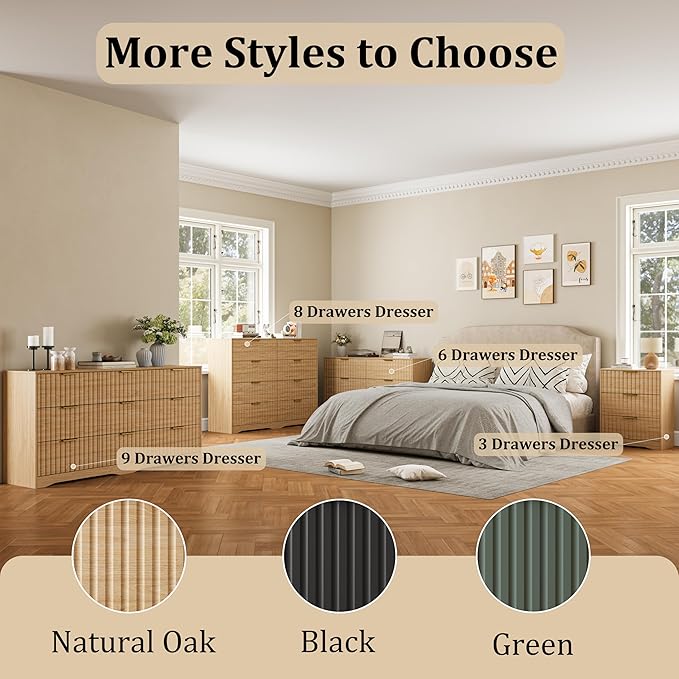 Fluted 3 Drawer Dresser for Bedroom, 30" Tall Modern Wood Dressers Chest of Drawers with Metal Handle, Large Nightstand End Table for Living Room, Closet, Entryway, Natural Oak