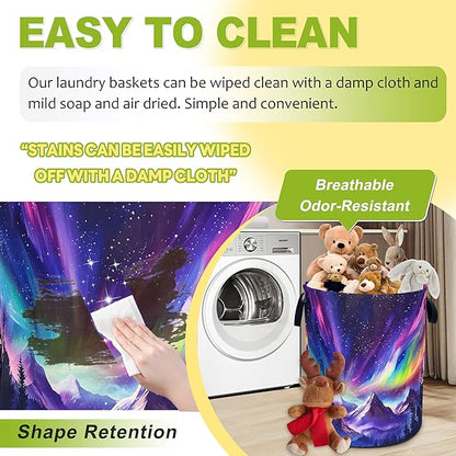 Aurora Mountains Laundry Basket Night Sky Forest Foldable Waterproof Oxford Cloth Funny Tote Bag Laundry Hamper Clothes Storage Bucket Toy Organizer For Bathroom/Laundry Storage/Bedroom 18.9x16.5 Inch