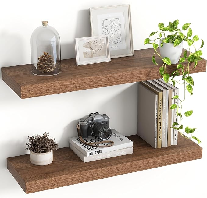 Acovy 24 Inch Floating Shelves, 8 Inch Deep Floating Shelves for Wall, Hanging Shelf with Invisible Brackets, Deep Shelves for Bathroom, Bedroom, Living Room, Walnut, Set of 2