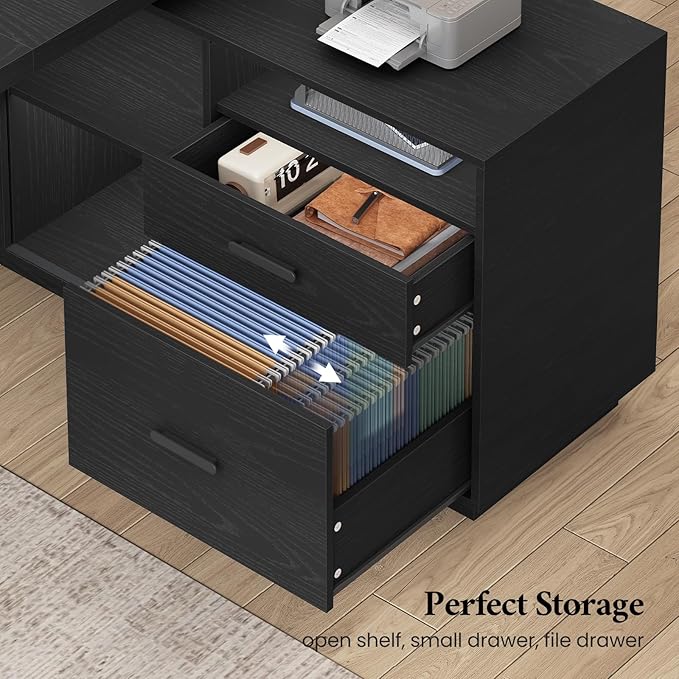 78 inch L Shaped Executive Desk with Power Outlets, Large Home Office Desk with Storage Drawers and File Cabinet, Modern Computer Desk with Shelves, Black Business Furniture