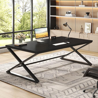 IBF Black Desk, Large Home Office Work Desk, 78.7” Long Computer Desks, Simple Wide Study Writing Desk, Wood Metal Double PC Executive Workstation Gaming Desk Computer Table for Bedroom, Black Oak