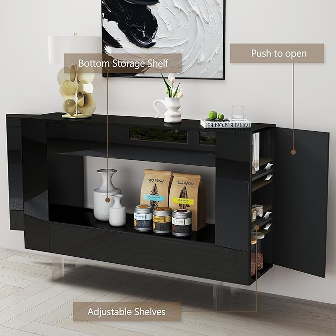 47" High Gloss Console Table with Hidden Side Storage Cabinets, Adjustable Shelves, Modern Black Entryway Sofa Table for Behind The Couch, Living Room, Hallway, Black