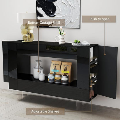 47" High Gloss Console Table with Hidden Side Storage Cabinets, Adjustable Shelves, Modern Black Entryway Sofa Table for Behind The Couch, Living Room, Hallway, Black