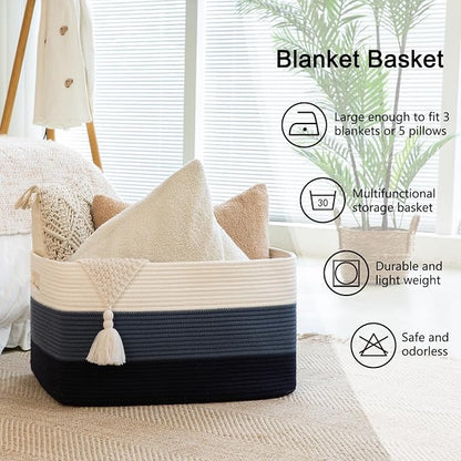OIAHOMY 108L Super Large Blanket Basket, 25”x16”x16” Rectangle Woven Baskets for Storage, Cotton Rope Basket For Living Room, Toy Storage with Handle - Gradient Blue