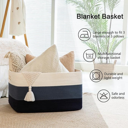 OIAHOMY 108L Large Cotton Rope Basket, Rectangle Woven Baskets for Storage, Nursery Blanket Storage Living Room, Toy Basket With Handle-25”x16”x16”-Gradient Blue