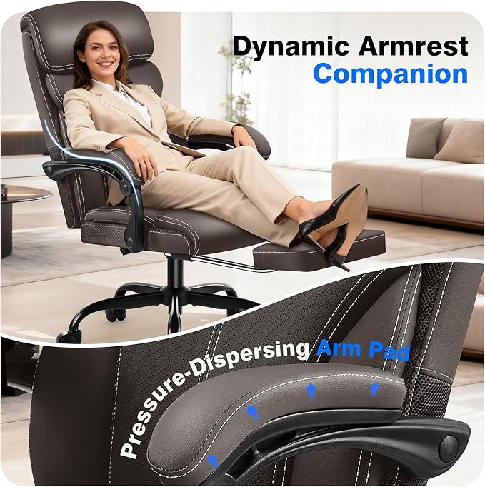 Office Chair - Ergonomic Comfortable High Back Computer Desk Chair with Foot Rest - Executive Breathable Swivel Rolling Reclining Leather Chair with Lumbar Support for Home Gaming Relaxing