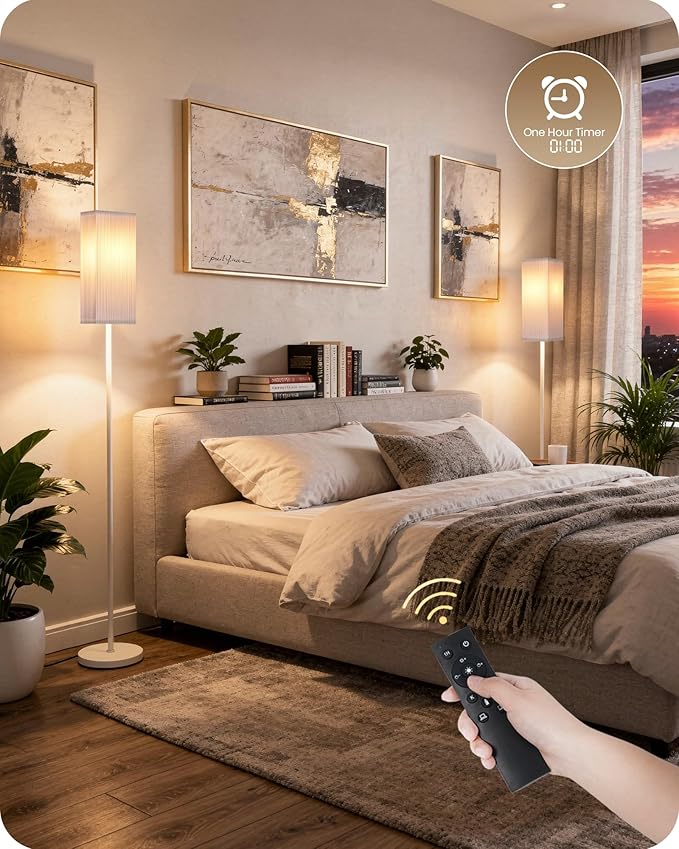 64.2” Dimmable Floor Lamp for Living Room with Remote and Foot Switch, Corner Floor Lamp for Bedroom, Includes 10W A19 Bulb, Modern Standing Tall Lamp, ETL Listed, White WCW17LD05