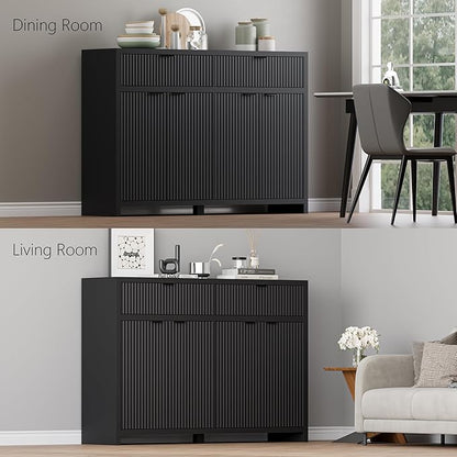 Fluted Sideboard Buffet Cabinet with Storage and Large Drawers, 55" Credenza Storage Cabinet for Living Room & Entryway, Farmhouse Buffet Table with Adjustable Shelves, Console Cabinet, Balck