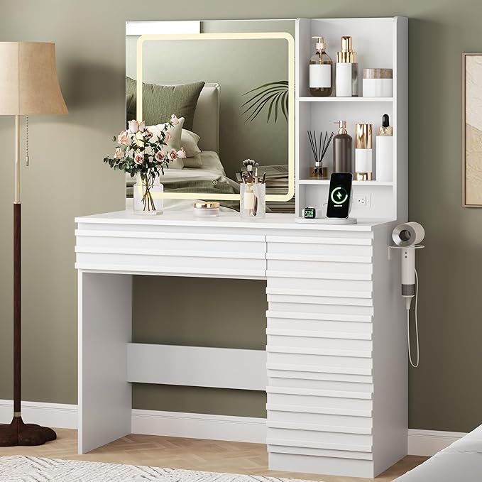 Makeup Vanity Desk with Lights, Fluted Vanity with 4 Drawers, Open Shelves, Power Outlet, LED Lighted Mirror, 3 Lighting Modes & Brightness Adjustable, Wood Dressing Table for Bedroom, White