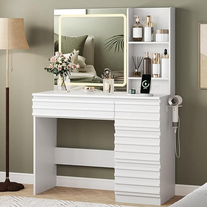 Makeup Vanity Desk with Lights, Fluted Vanity with 4 Drawers, Open Shelves, Power Outlet, LED Lighted Mirror, 3 Lighting Modes & Brightness Adjustable, Wood Dressing Table for Bedroom, White