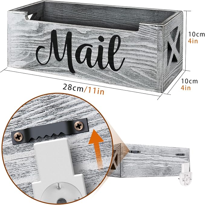 Mail Organizer Holder Countertop, Rustic Wood Mail Basket Storage Tray Letter Holder for Office Desk Wall Mount - Grey