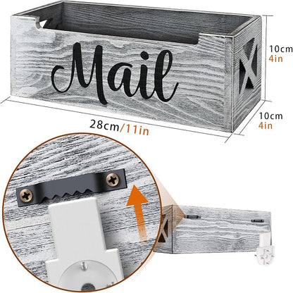 Mail Organizer Holder Countertop, Rustic Wood Mail Basket Storage Tray Letter Holder for Office Desk Wall Mount - Grey