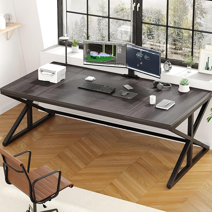 IBF Long Grey Computer Desk, Modern Large Wood Metal Office Desk, Industrial Pc Study Gaming Writing Table for 2 Person, Executive Workstation for Home Bedroom Living Room, Dark Gray, 70 Inch