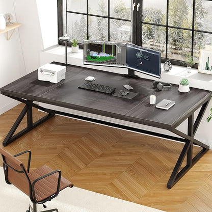 IBF Long Grey Computer Desk, Modern Large Wood Metal Office Desk, Industrial Pc Study Gaming Writing Table for 2 Person, Executive Workstation for Home Bedroom Living Room, Dark Gray, 70 Inch