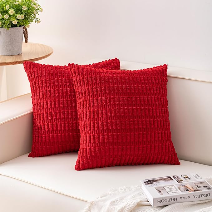 Aegero Pack of 2 Christmas Red Corduroy Decorative Throw Pillow Covers 16x16 Inch Soft Striped Pillow Covers Modern Farmhouse Home Decor for Sofa Living Room Couch Bed（Red）