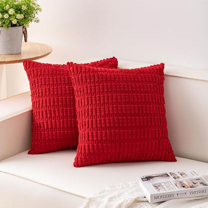 Aegero Pack of 2 Christmas Red Corduroy Decorative Throw Pillow Covers 16x16 Inch Soft Striped Pillow Covers Modern Farmhouse Home Decor for Sofa Living Room Couch Bed（Red）