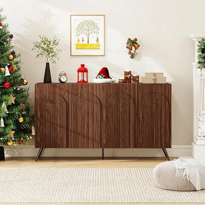 59" Accent Storage Cabinet with 4 Doors, Modern Decorative Cabinet with 3D Carved Door, Sideboard Buffet Cabinets with Adjustable Shelves, Credenza for Living Room, Entryway, Kitchen, Walnut