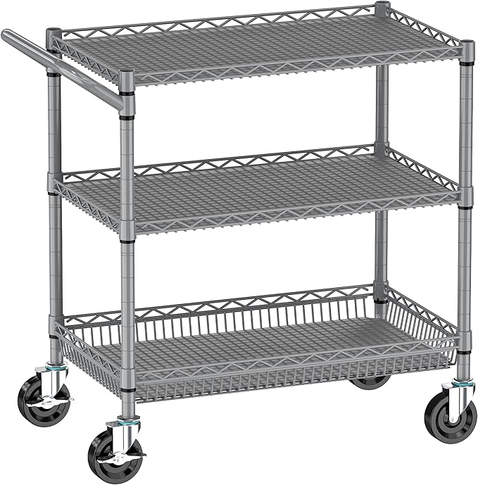 Folews Rolling Cart with Wheels, Heavy Duty 3 Tier Metal Utility Cart 990lbs Capacity, Multi-Purpose Wire Rolling Storage Trolley for Kitchen Garage Office Commercial Use, Gray