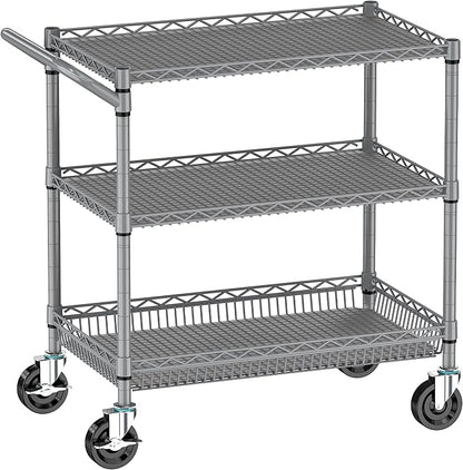 Folews Rolling Cart with Wheels, Heavy Duty 3 Tier Metal Utility Cart 990lbs Capacity, Multi-Purpose Wire Rolling Storage Trolley for Kitchen Garage Office Commercial Use, Gray