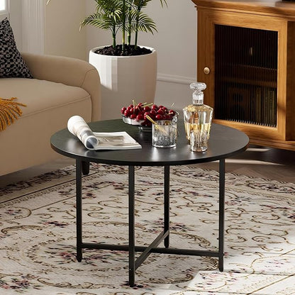 Round Coffee Table, Small Coffee Tables for Living Room, Wood Coffee Table with Metal Frame, Floor Table Desk for Sitting on The Floor, Home, Office, Farmhouse, Black (23.6" D x 17.7" H)