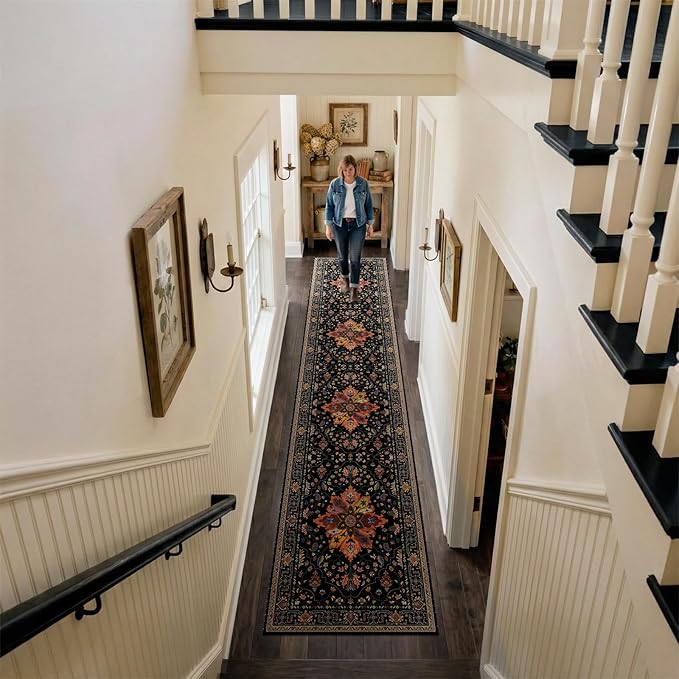 RELEANY Area Rugs Runner 3'x12' Washable Non-Slip, Floral Vintage Distress Medallion Carpet for Kitchen Hallway Bedroom Beside Laundry Room Bathroom, Black Colorful Floral Dark Tan