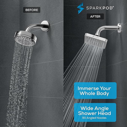 SparkPod Rain Shower Head, 6 Inch Square | High Pressure Shower Heads, 90 Nozzle (Touch-to-Clean), Adjustable Showerhead, No-tool Universal Connection