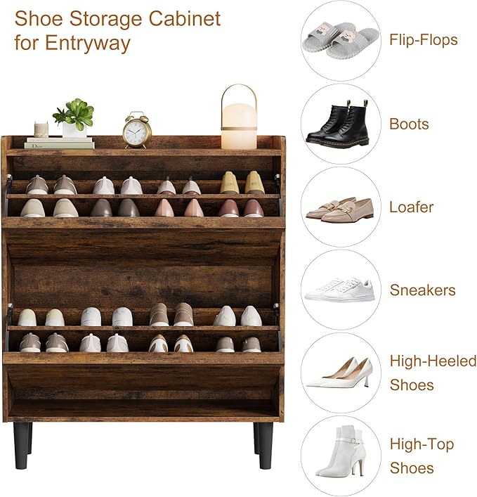 IDEALHOUSE Shoe Cabinet with 2 Flip Drawers,Hidden Wood Shoe Storage with Adjustable Shelf,Freestanding Shoe Organizer Rack for Entryway,Hallway,Living Room(Rustic Brown)