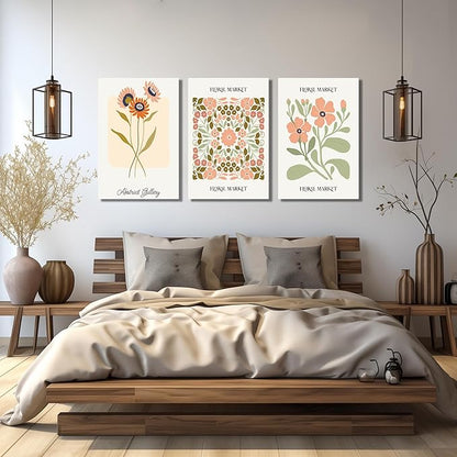 SKYRISE 3 PCS Boho Floral Canvas Wall Art, Rustic Botanical Canvas Paintings Prints ArtWork for Living Room, Vintage Flower Pictures for Farmhouse Dining Room Hallway Bedroom Wall Decor 24"x36"