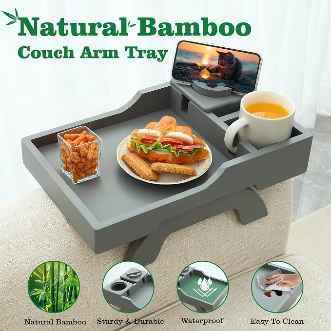 GHKINMAL Couch Cup Holder, 4-in-1 Side Couch Arm Tray with Phone Holder, Sofa Clip on Side Table for Wide Couches Arm, Suitable for Home Drinks/Remote/Snacks-Grey