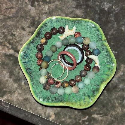 2Pcs Ceramic Jewelry Dish - Lotus Leaf Shape, for Ring Holder Necklace Small Key, Suitable for Mother Friend Sister, Gifts for Women, Cute Plate Trinket Tray, Home Decor (Crystal Green & Blue)
