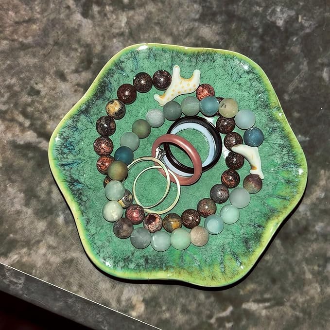 2Pcs Ceramic Jewelry Dish - Lotus Leaf Shape, for Ring Holder Necklace Small Key, Suitable for Mother Friend Sister, Gifts for Women, Cute Plate Trinket Tray, Home Decor (Crystal Green & Green)