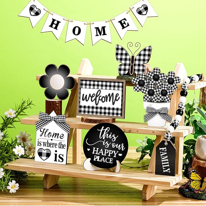 11 Pcs Home Tiered Tray Decor Buffalo Plaid Black White Rustic Farmhouse Tiered Tray Decorations Set Home Wooden Signs Vintage Farm Animal Tabletop Wood Signs for Kitchen Table Shelf Decor