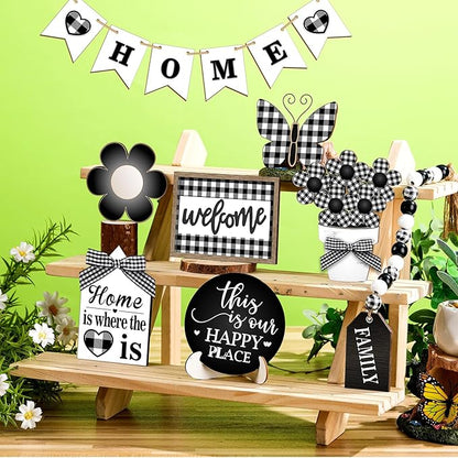 11 Pcs Home Tiered Tray Decor Buffalo Plaid Black White Rustic Farmhouse Tiered Tray Decorations Set Home Wooden Signs Vintage Farm Animal Tabletop Wood Signs for Kitchen Table Shelf Decor