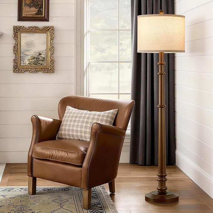 Floor Lamps for Living Room - 60" Wood Farmhouse Floor Lamp with Adjustable Color Temperatures - Vintage Standing Lamp Reading Light with Linen Shade Rustic Tall Lamp for Bedroom Office, Walnut