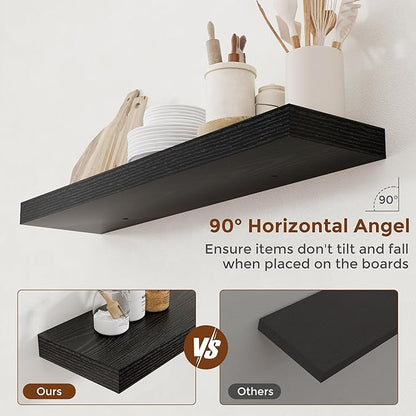 Heimlove 36 Inch Floating Shelves for Wall 8 Inch Deep Black Shelves Set of 2,Wall Mounted Rustic Wood Long Floating Shelf with Invisible Brackets for Bedroom Kitchen Living Room