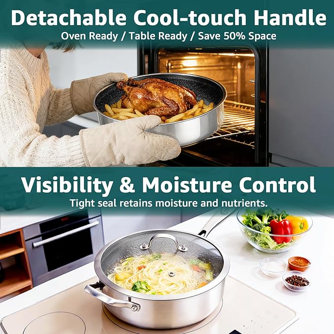 LOLYKITCH 5.5-Quart Hybrid Sauté Pan with Lid, 12-Inch Nonstick Deep Skillet with Fry Basket & Tongs, 3-ply Stainless Steel Large Frying Pan with Steam Insert, Works on All Cooktops
