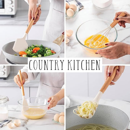 Country Kitchen Non Stick Silicone Utensil Set with Rounded Wood Handles for Cooking and Baking, 38 Piece Set, Khaki
