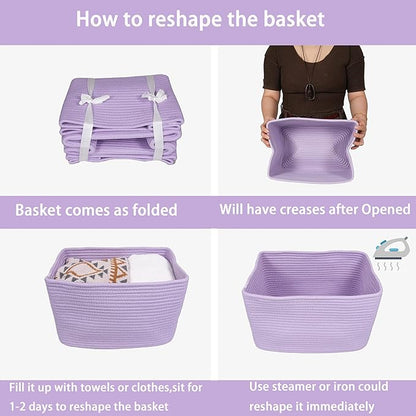 Cotton Rope storage Basket Bins Woven Basket for Organizing Shelves 15X10X9.3" Rectangle Decorative Baskets For storage Clothes Toys Books Towels Nursery basket organizer 3 pack purple or lavender