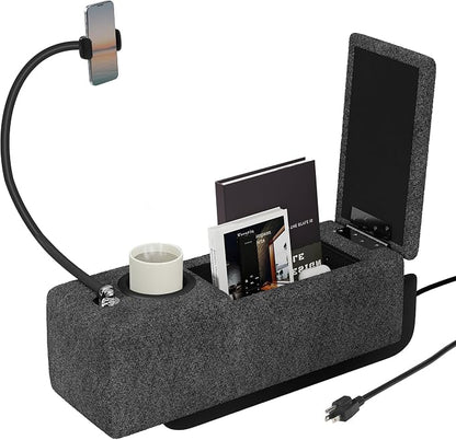 Multifunctional Couch Caddy Sofa Armrest with Couch Cup Holder, Charging Console, Phone Holder, Storage 20.3'' Removable Dark Grey Chenille Sofa Arm Rest Caddy Organizer for Sofas Couches