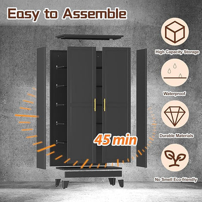 75" Metal Kitchen Pantry Cabinet,Black Storage Cabinet with Doors and 5 Adjustable Shelves, Cabinet with 2 Metal Handles,Tall Cabinet for Livingroom,Pantry, Bathroom,Kitchen